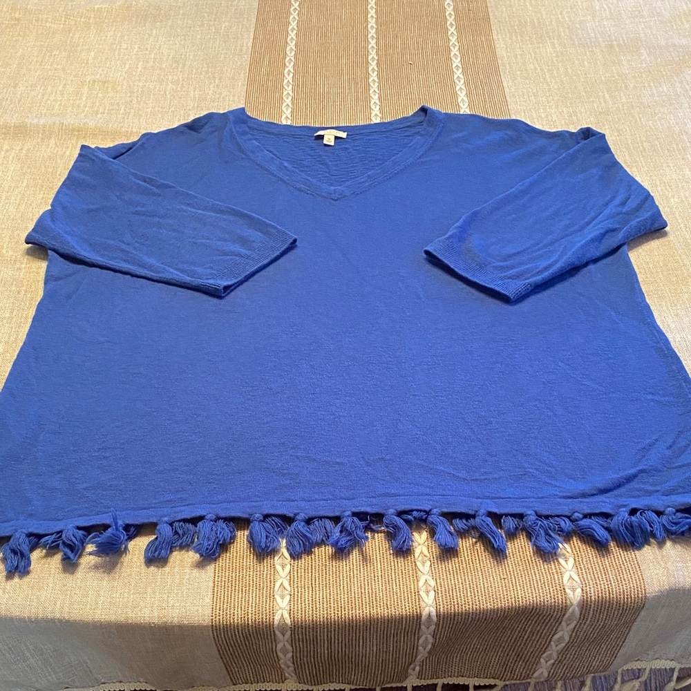 Elegant Blue V-Neck Sweater with Fringe Detail